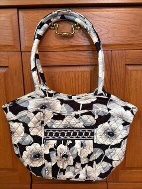 Vera Bradley Camellia (Retired 2013) Sweetheart Tote. Black, Cream, Gray Floral
